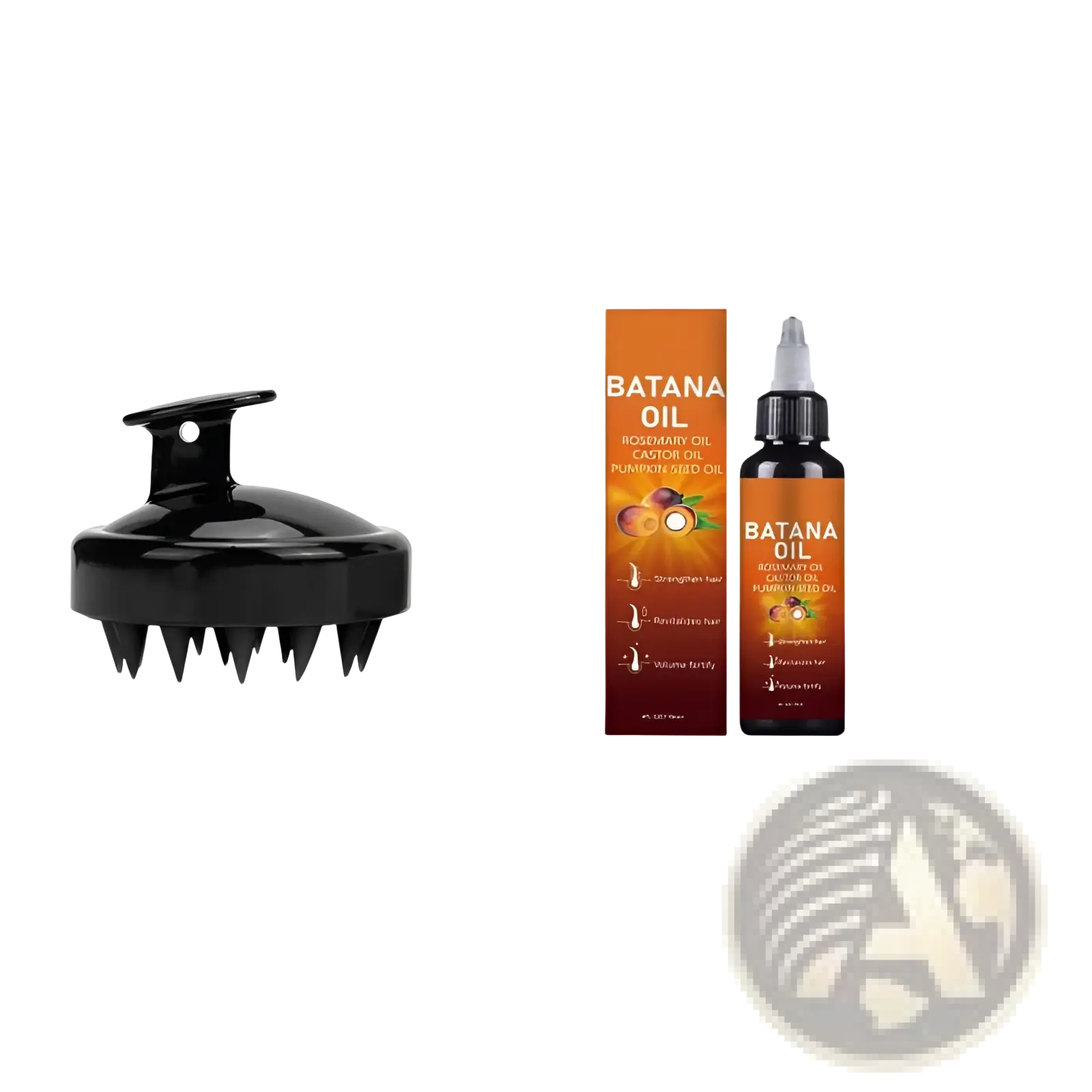 Black plastic hair scalp massager with spiked bristles and handle for use with Batana Oil hair growth and nourishing essential oil