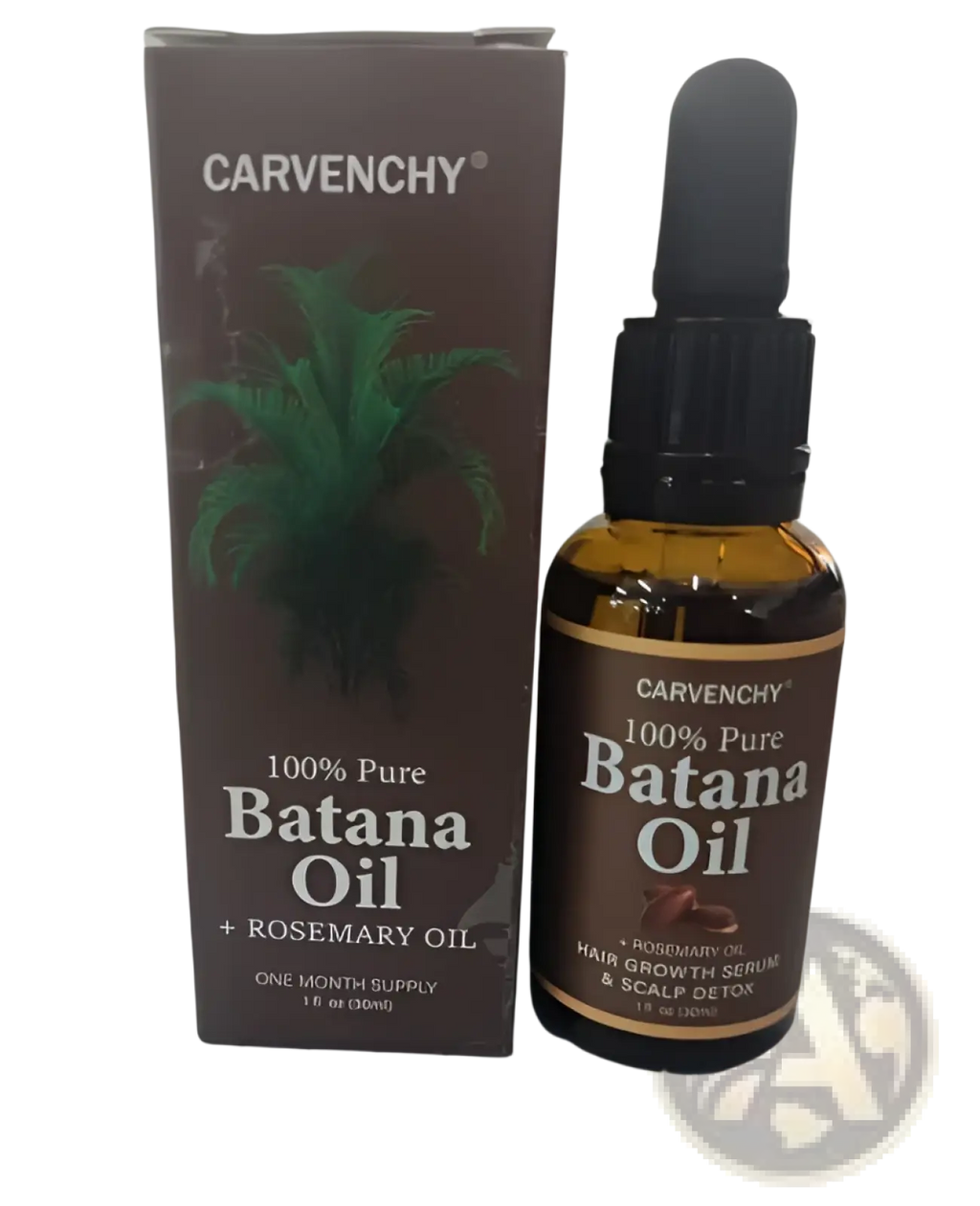 Carvenchy batana oil hair growth serum in amber glass bottle with black dropper and brown cardboard box packaging