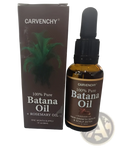 Carvenchy batana oil hair growth serum in amber glass bottle with black dropper and brown cardboard box packaging