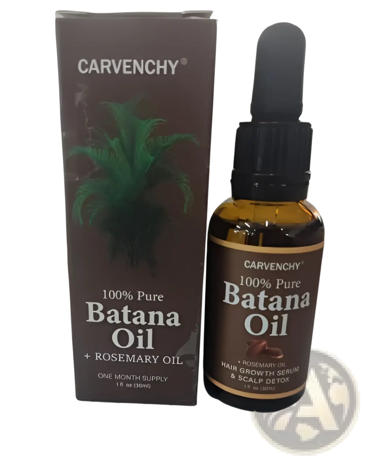 Carvenchy batana oil hair growth serum in amber glass bottle with black dropper and brown cardboard box packaging