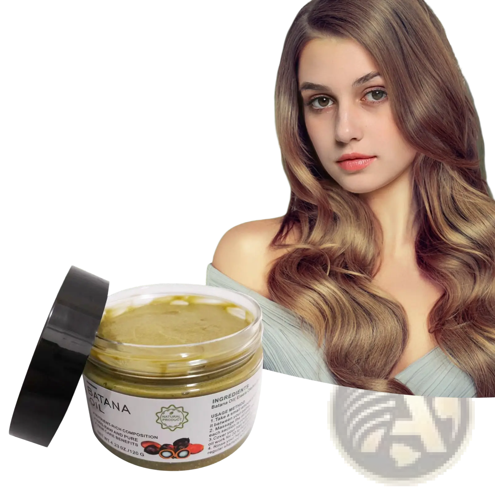 A clear glass jar with black lid contains golden-yellow batana oil hair mask sourced from Honduras natural formula