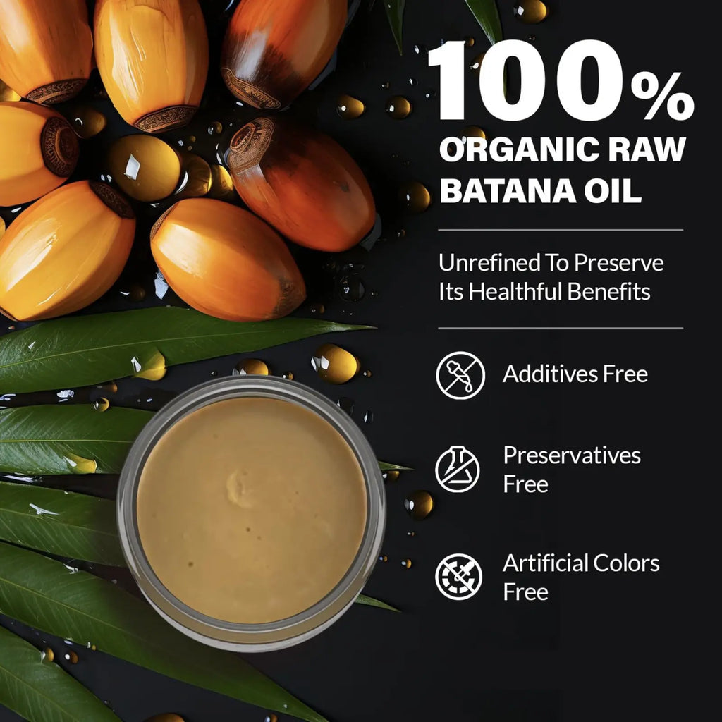 A clear glass jar of golden-brown organic raw batana oil with orange pods and green leaves for batana oil hair mask