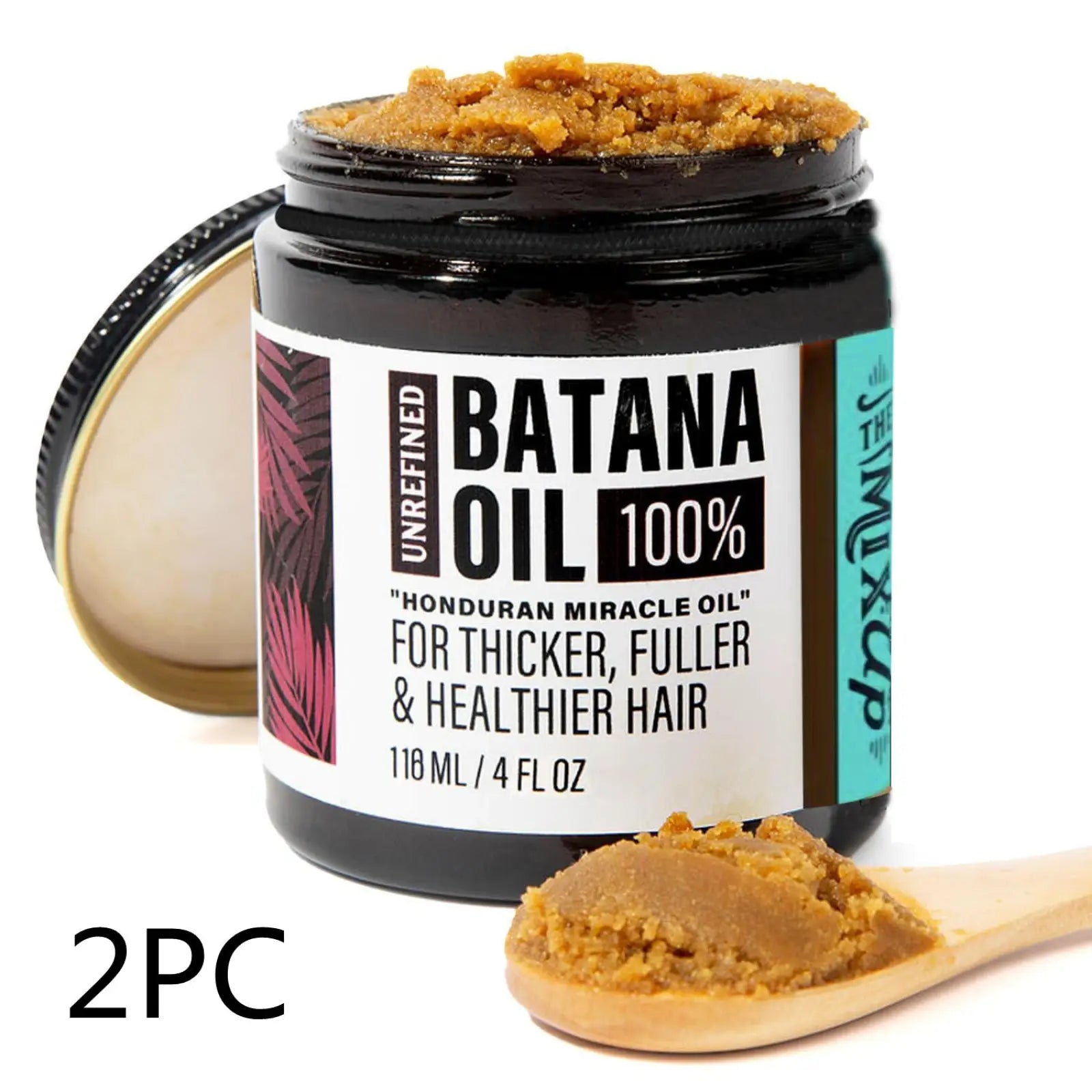 A jar of unrefined batana oil hair mask in a black glass container with golden-brown oil for thicker fuller hair 118g
