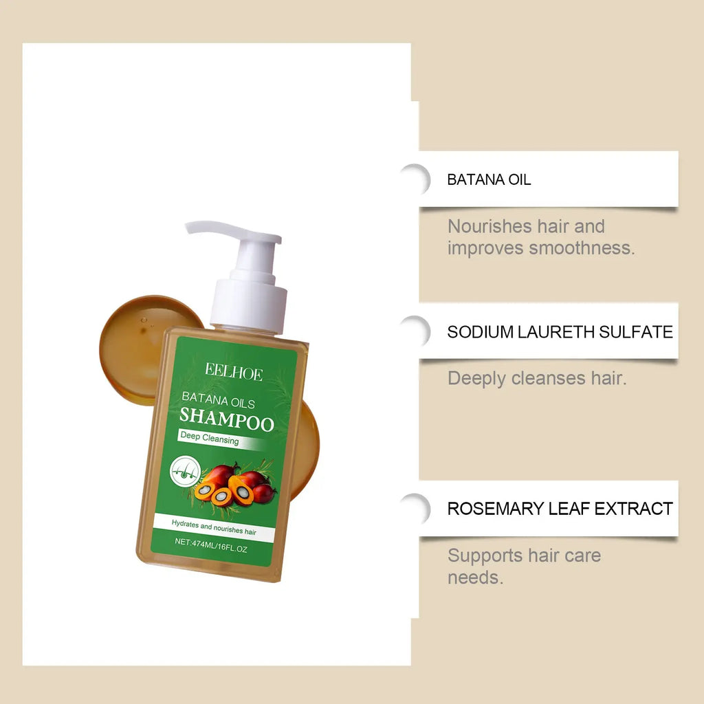 A transparent amber bottle of feelhoe batana oil shampoo with white pump and green label for blonde wavy hair 55ml