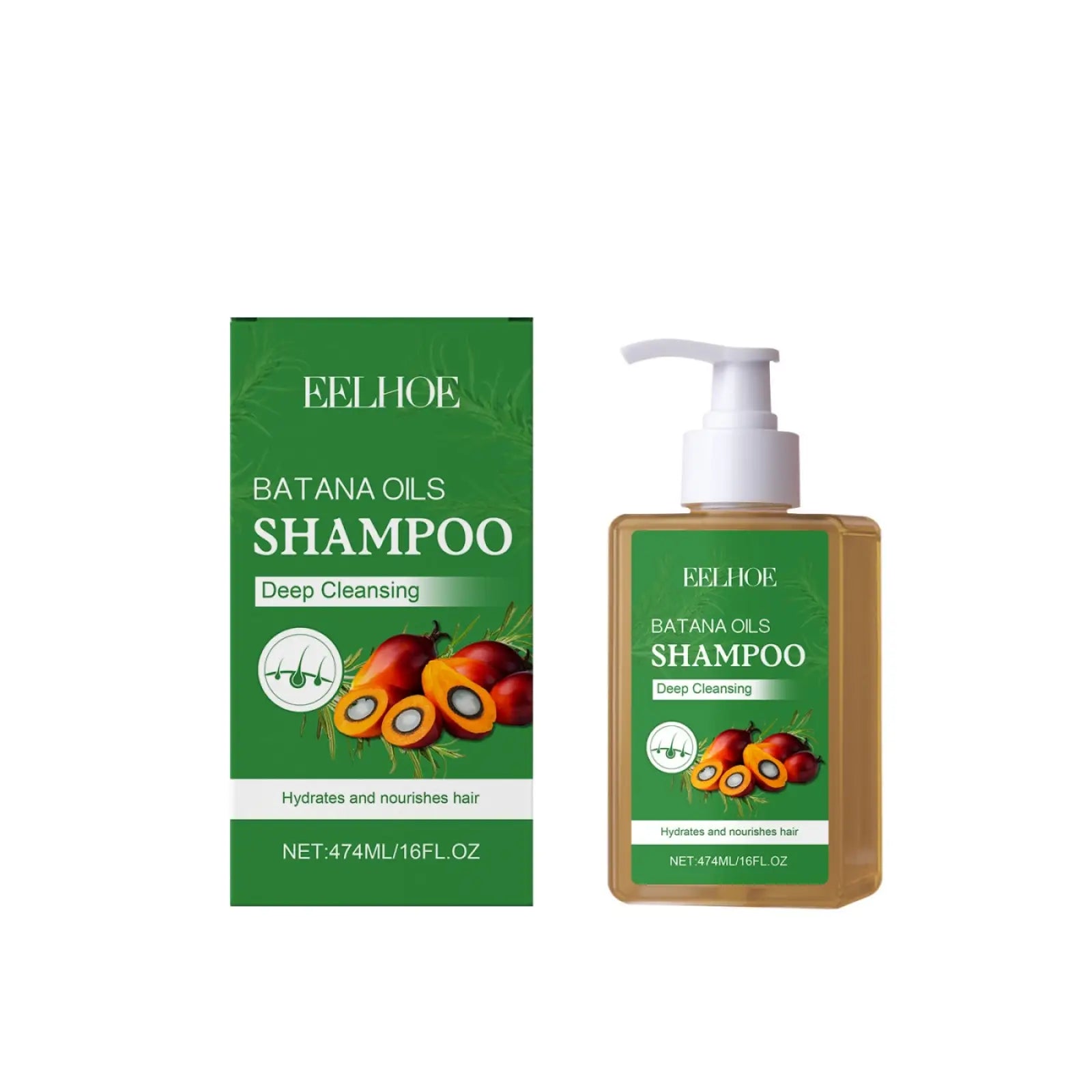 Batana oil shampoo for blonde and wavy hair in a green-labeled bottle with white pump and amber liquid inside