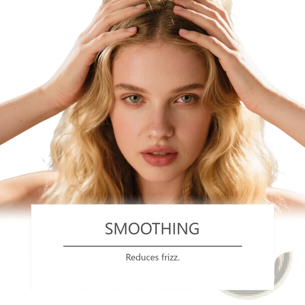 Batana oil shampoo 55ml for blonde and wavy hair with smooth textured blonde wavy hair shown in the image
