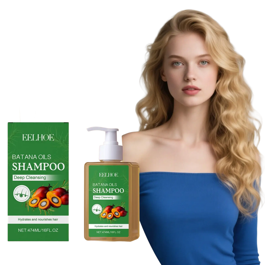 A clear plastic bottle with white pump labeled eelhoe batana oils batana oil shampoo for blonde and wavy hair 55ml