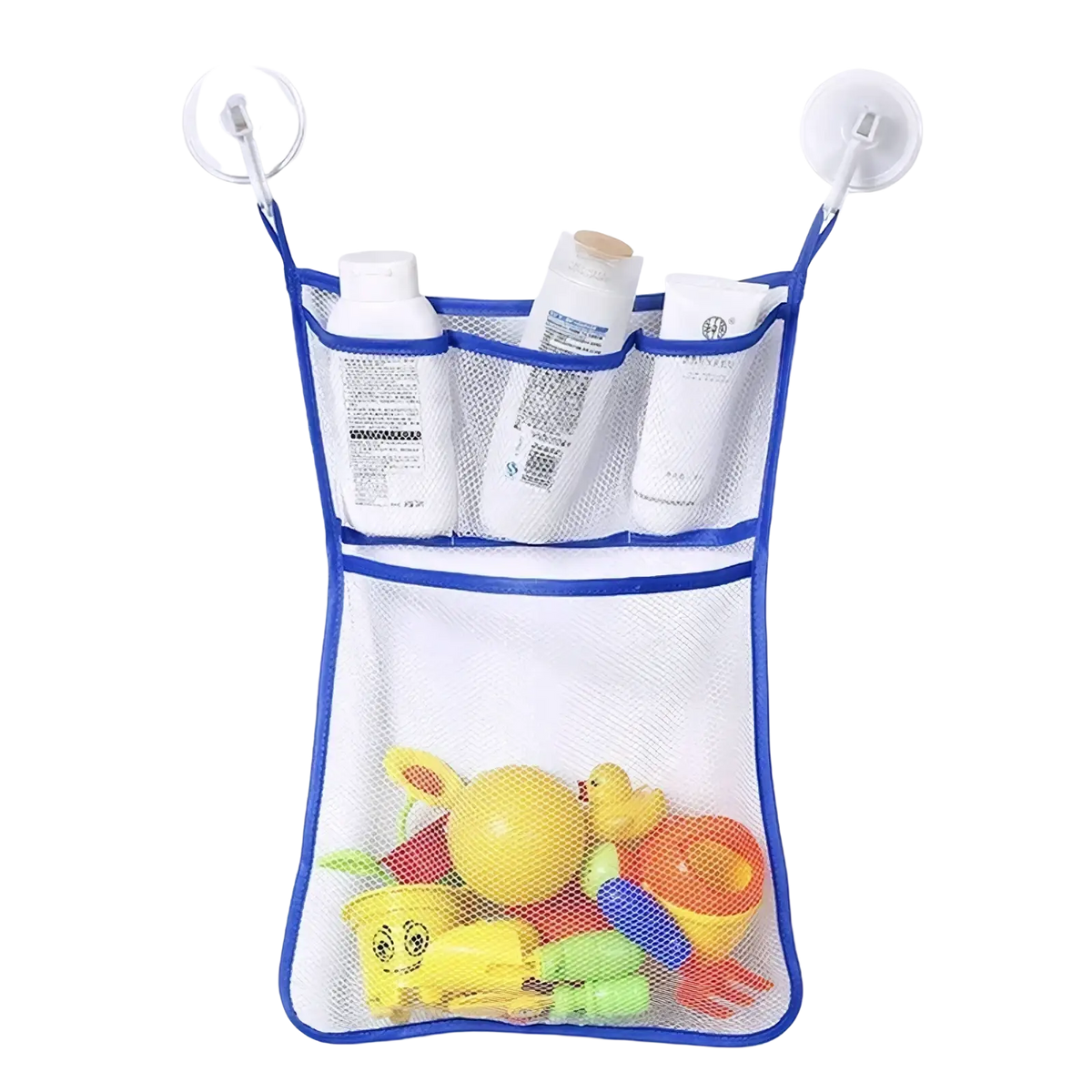 Blue mesh bath toy storage mesh bag organizer with clear suction cups holding toiletries and colorful bath toys