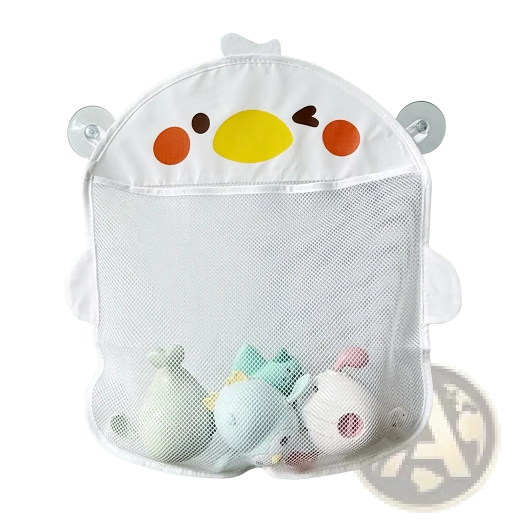 White mesh bath toy storage bag organizer shaped like cartoon chick with yellow beak suction cups for mounting
