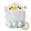 White mesh bath toy storage bag organizer shaped like cartoon chick with yellow beak suction cups for mounting