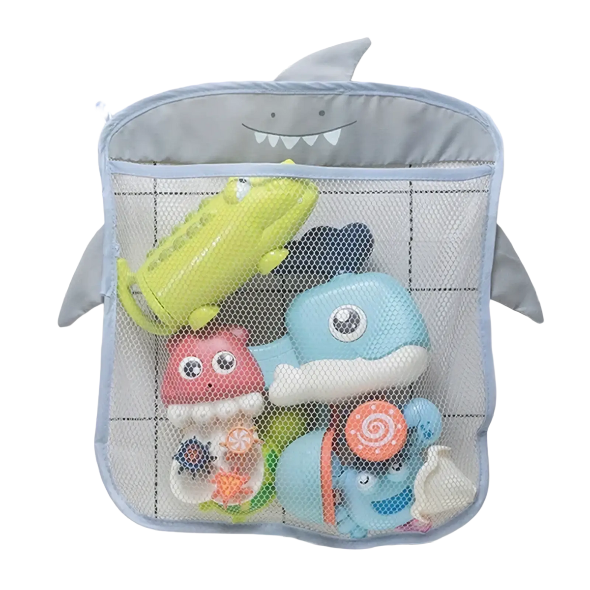 Gray shark-shaped bath toy storage mesh bag organizer with suction cups mesh front and soft fabric fins