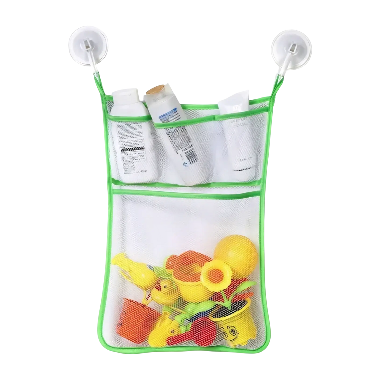 Green mesh bath toy storage mesh bag organizer with two compartments and clear suction cups for toiletries and toys