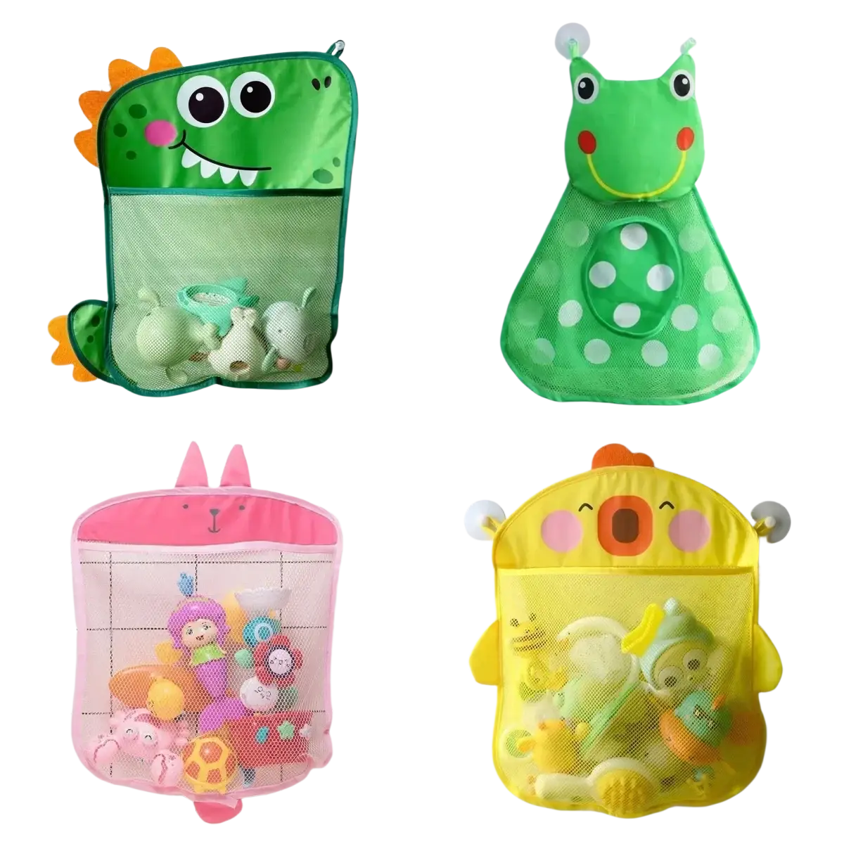 Green dinosaur-shaped suction cup bath toy storage mesh bag organizer with orange spikes and mesh pocket