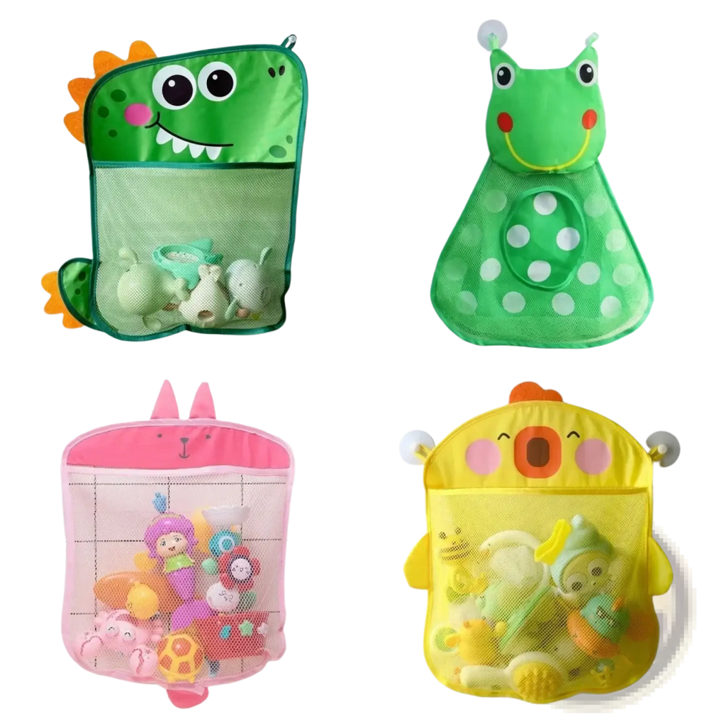 Green dinosaur-shaped suction cup bath toy storage mesh bag organizer with orange spikes and mesh pocket