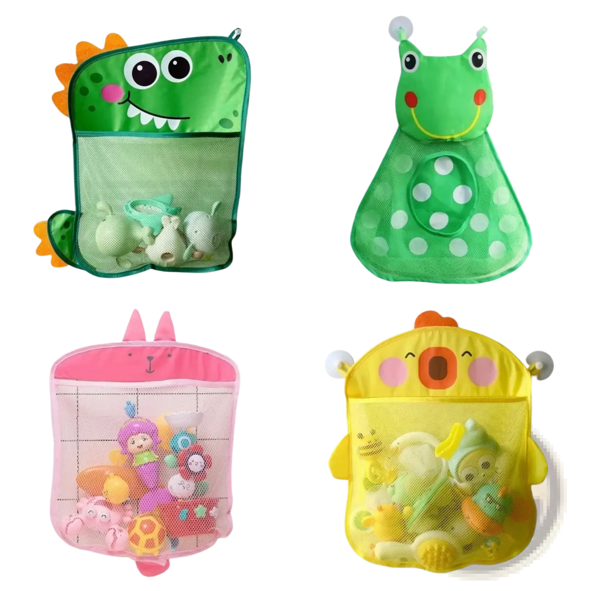 Green dinosaur-shaped suction cup bath toy storage mesh bag organizer with orange spikes and mesh pocket