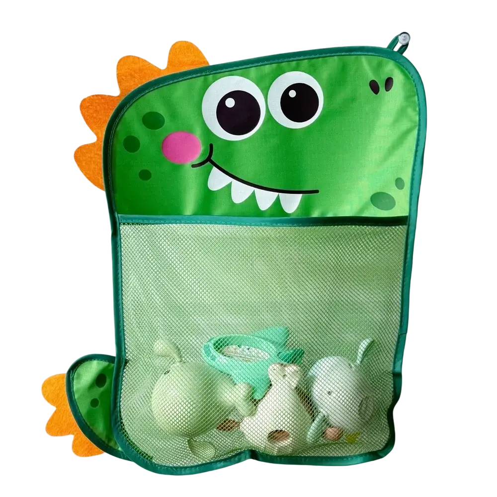Green dinosaur-themed bath toy storage mesh bag organizer with orange mane and pink nose featuring a smiling face design