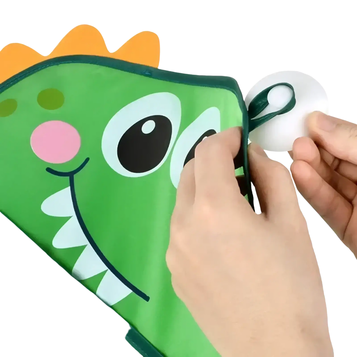 Green dinosaur-themed bath toy storage mesh bag organizer with orange spiky crown pink nose and white teeth