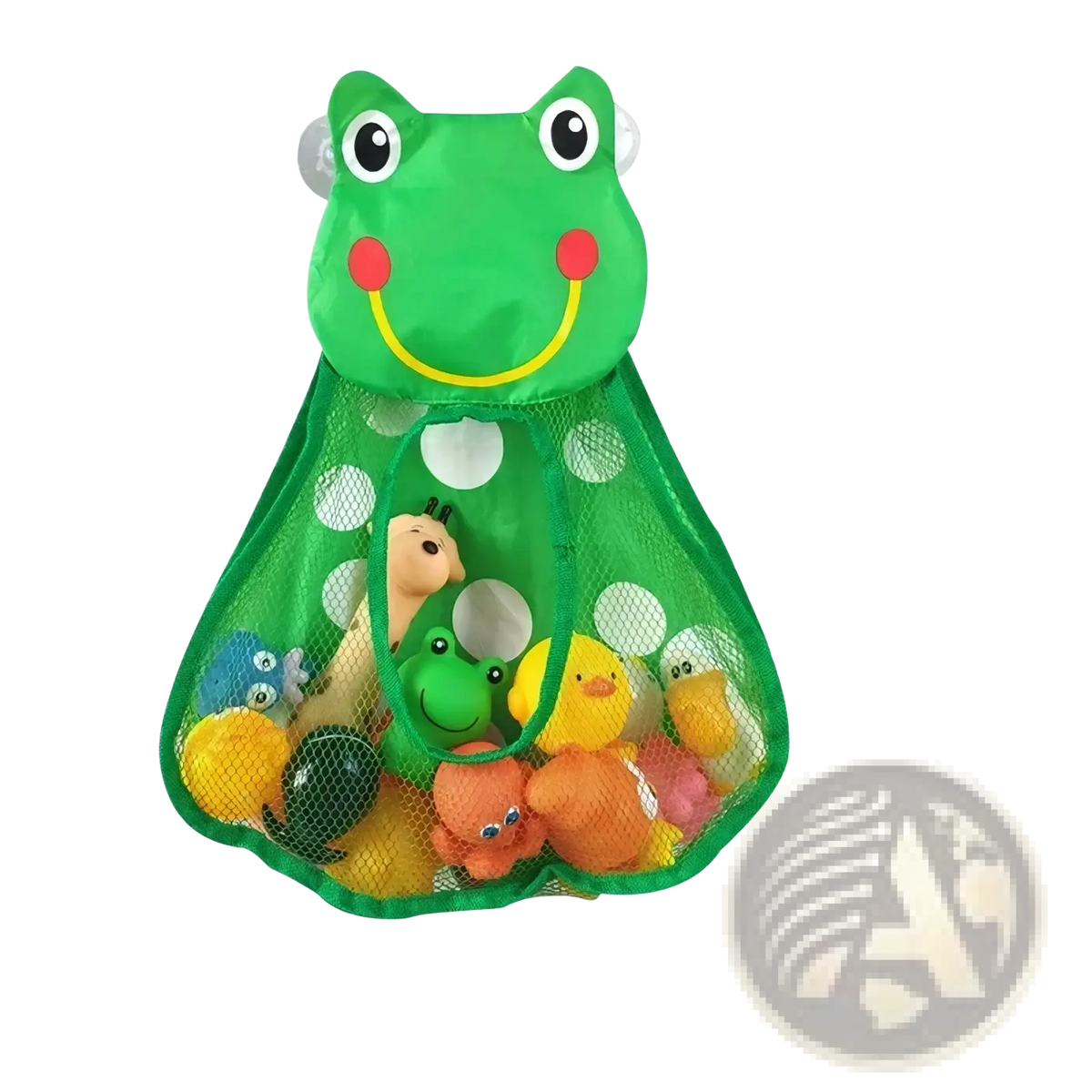 Green frog-shaped bath toy storage mesh bag organizer with white polka dots designed for bathroom use