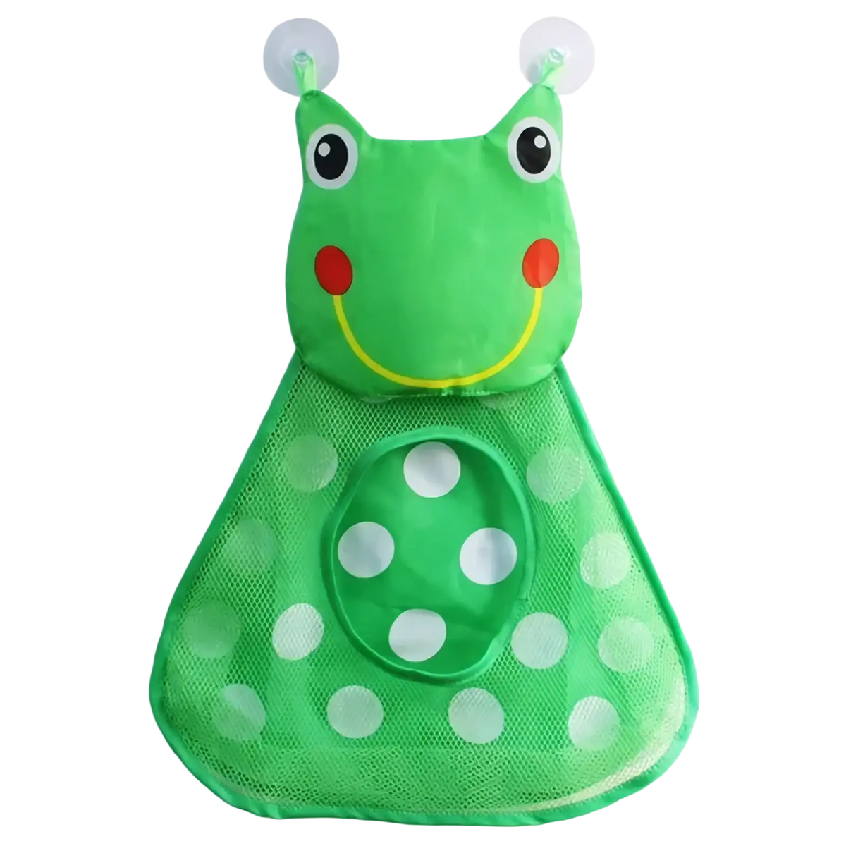 Green frog-shaped bath toy storage mesh bag organizer with white polka dots and suction cups for hanging