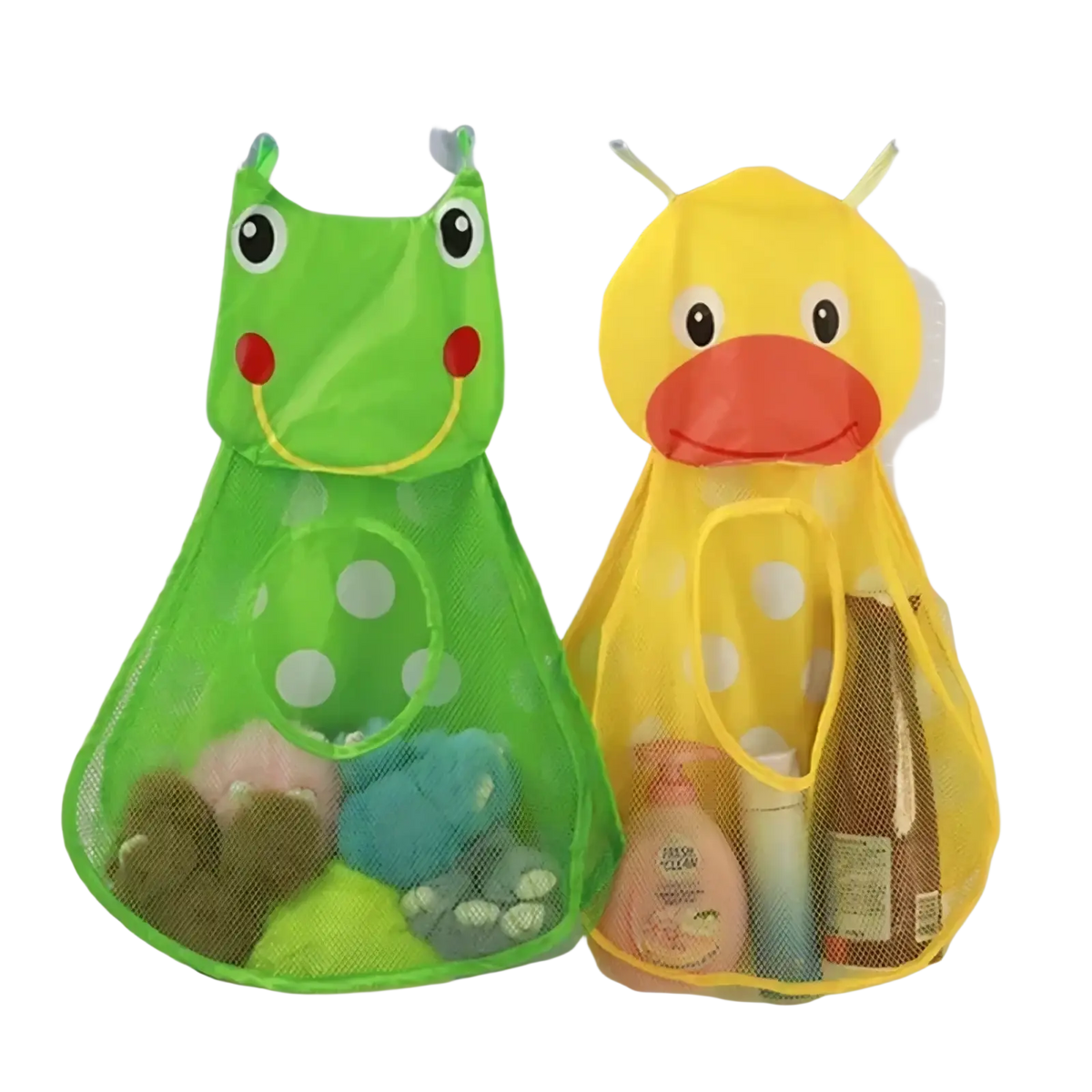 Bath toy storage mesh bag organizer with green frog and yellow duck shapes made of breathable mesh with suction cups