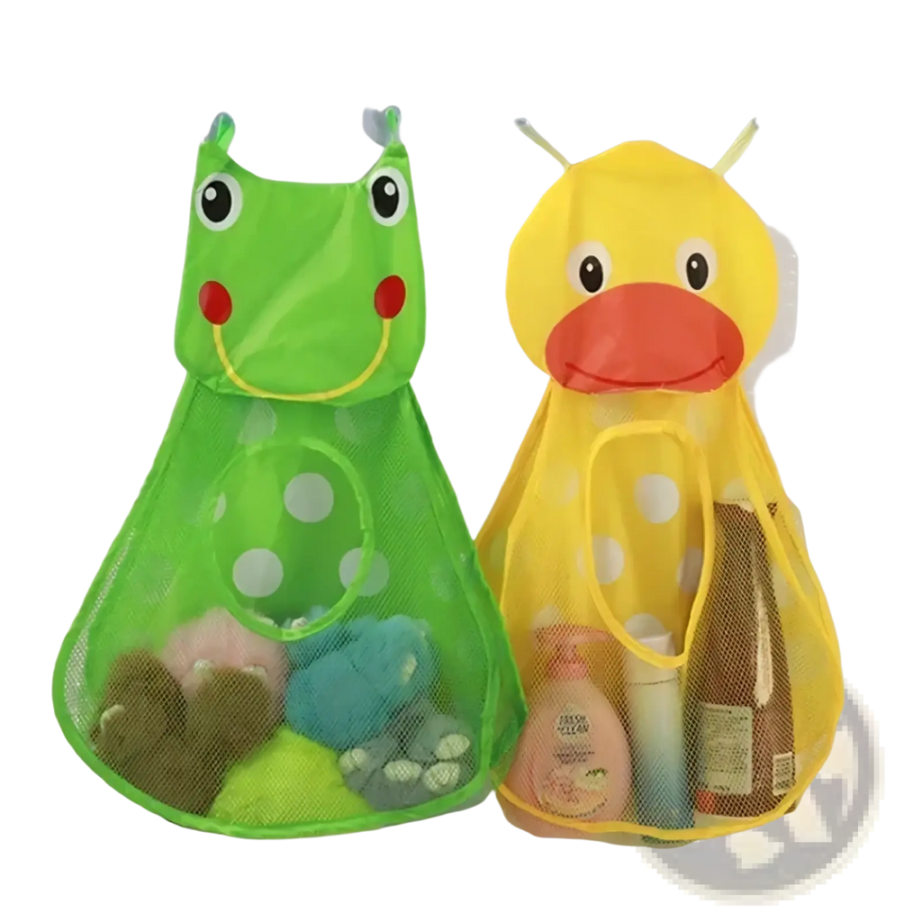 Bath toy storage mesh bag organizer with green frog and yellow duck shapes made of breathable mesh with suction cups