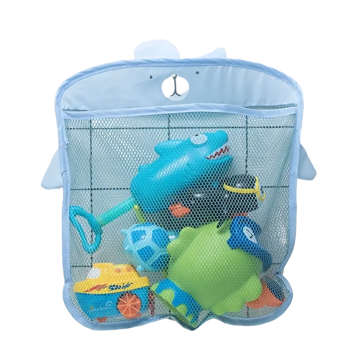 Light blue mesh bath toy storage bag organizer with bear face design and suction cups for wall mounting