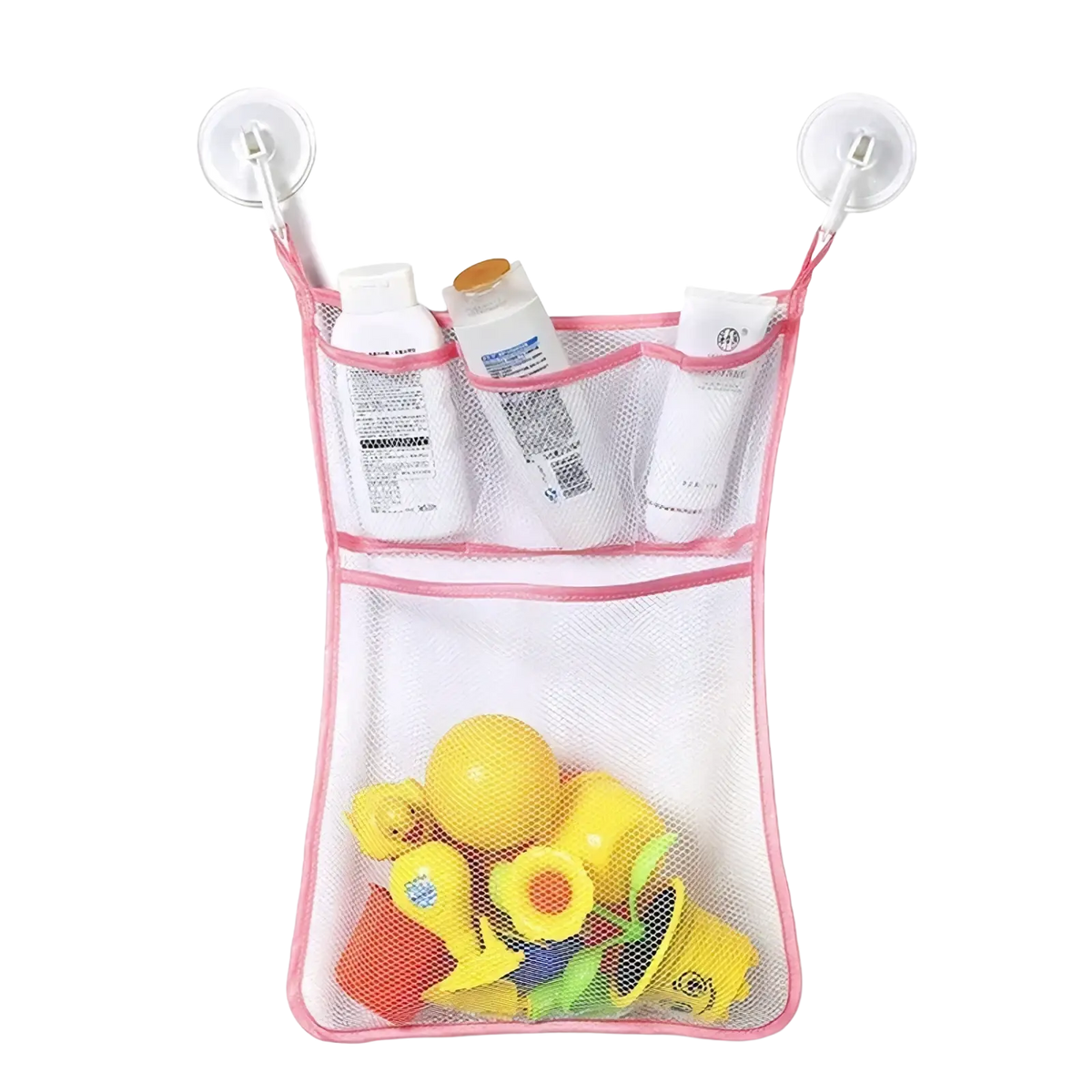 Pink mesh bath toy storage organizer with clear suction cups and three compartments holding toiletries and toys