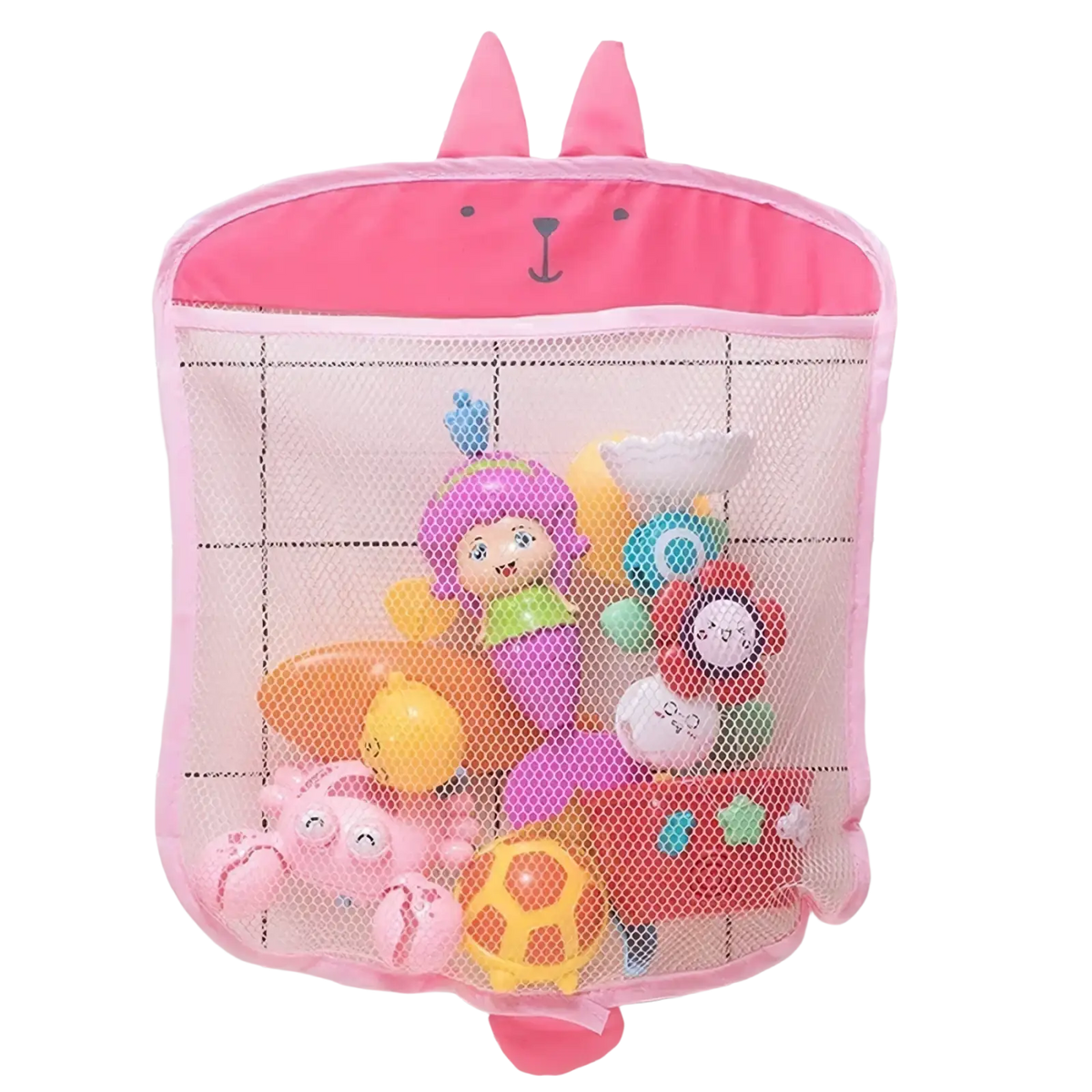 Pink bunny-shaped mesh bath toy storage bag organizer with suction cups for bathroom use