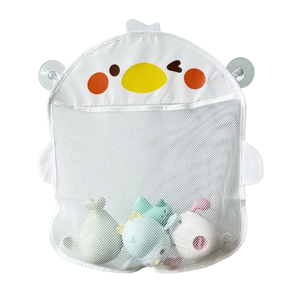 White mesh bath toy storage bag organizer shaped like cartoon chick with yellow beak suction cups for mounting