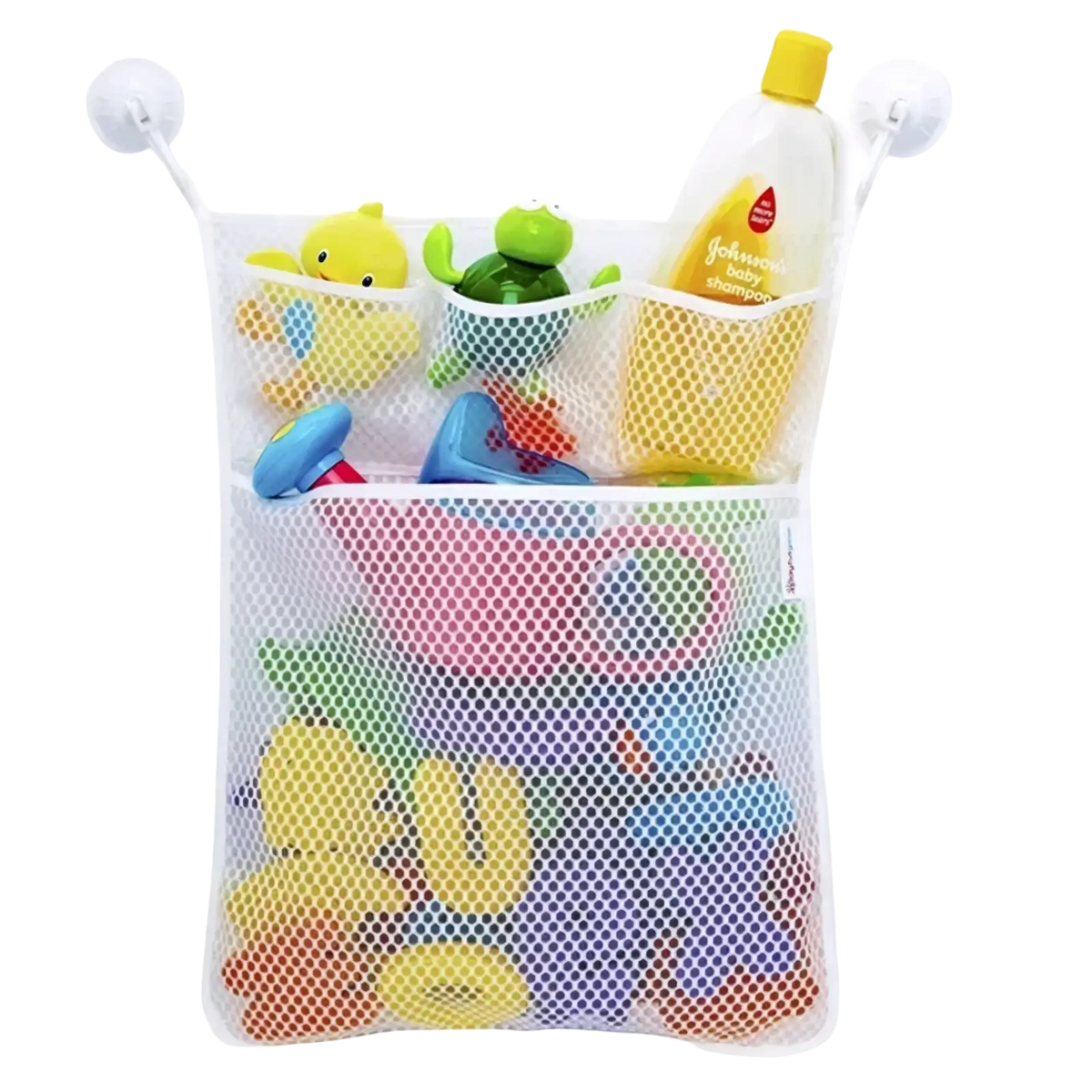 White mesh bath toy storage mesh bag organizer with three compartments holding colorful rubber ducks and baby shampoo
