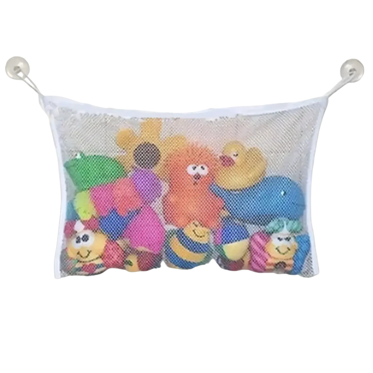 White mesh bath toy storage bag organizer with suction cups filled with colorful rubber toys for bathroom use