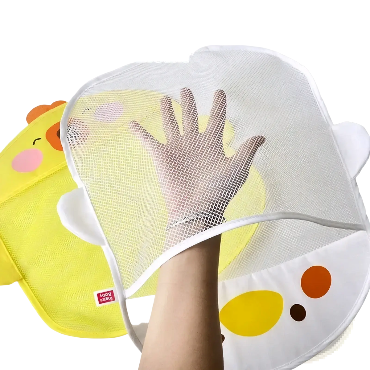 White mesh bath toy storage bag organizer with a cartoon duck design and orange yellow brown circular accents