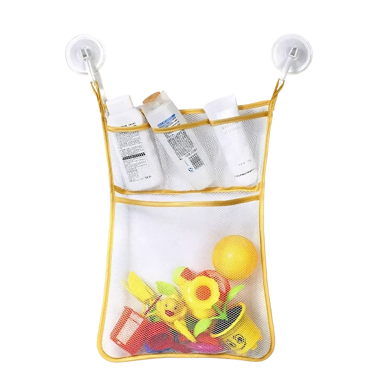 Yellow mesh bath toy storage bag organizer with clear plastic suction cups for wall mounting