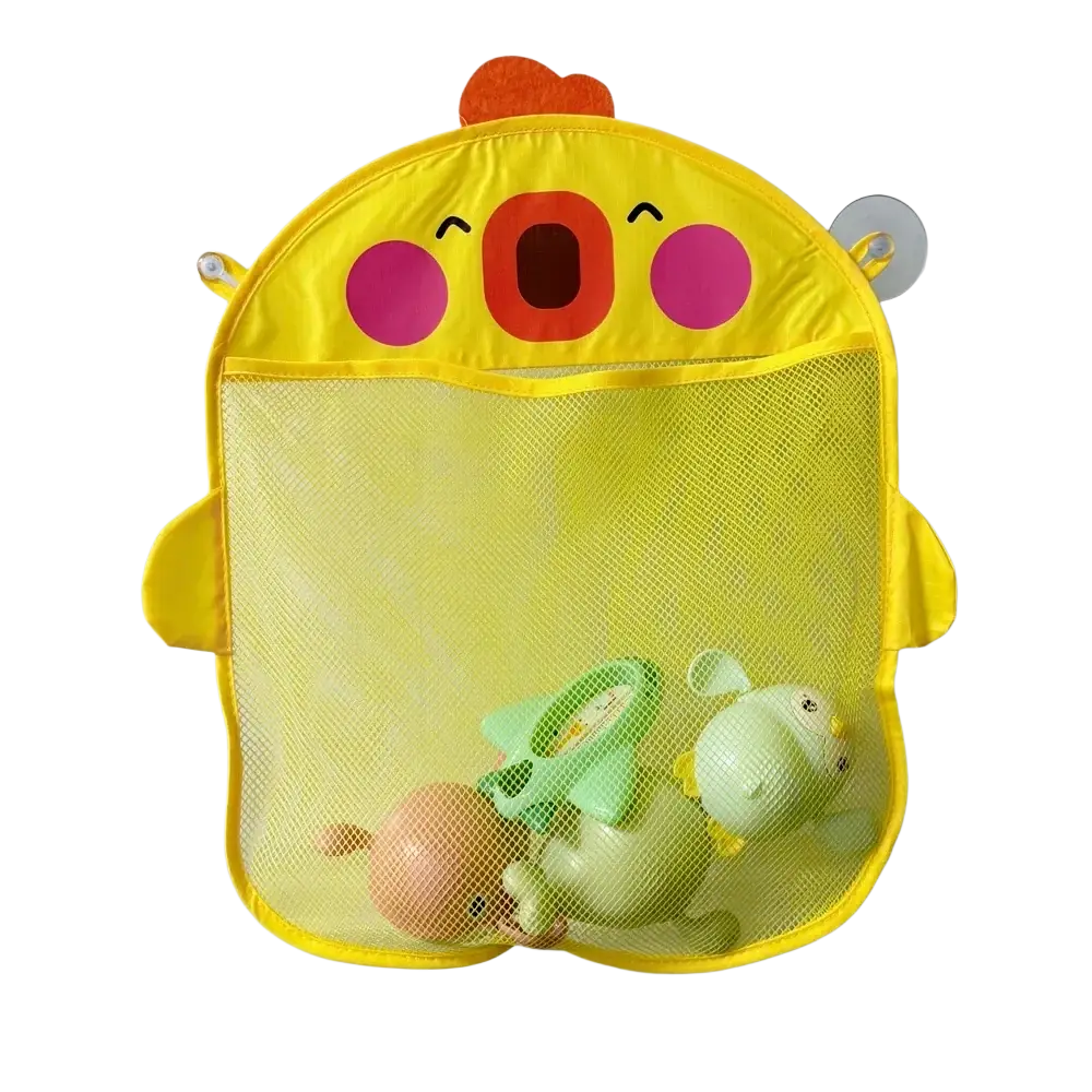 Yellow chick-shaped bath toy storage mesh bag organizer with pink cheeks orange beak and feet for bathroom use