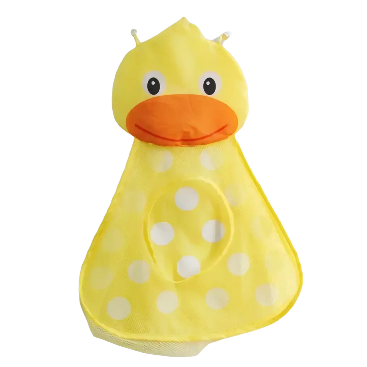 Yellow duck-shaped bath toy storage mesh bag organizer with white polka dots and orange beak for bath use