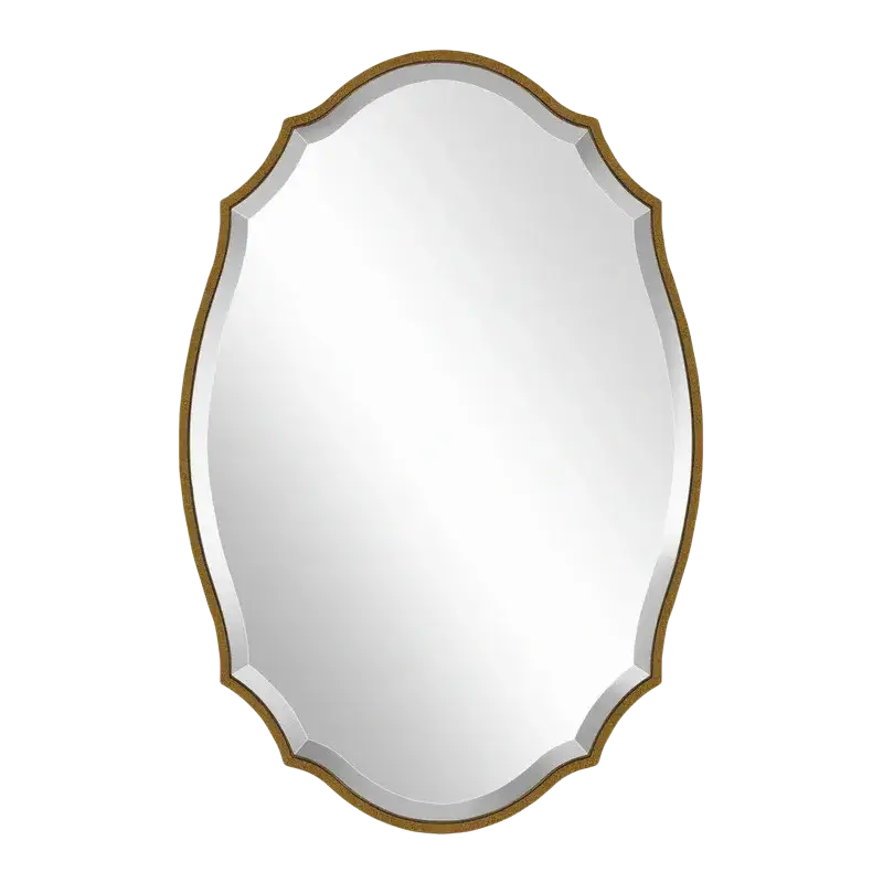 An oval-shaped bathroom mirror with gold ornate scalloped frame and beveled glass showcasing elegant mirror style