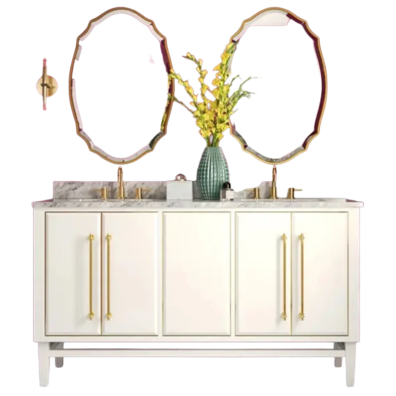 White vanity with gold hardware and marble countertop complementing bathroom mirrors gold ornate oval wall decor mirror style