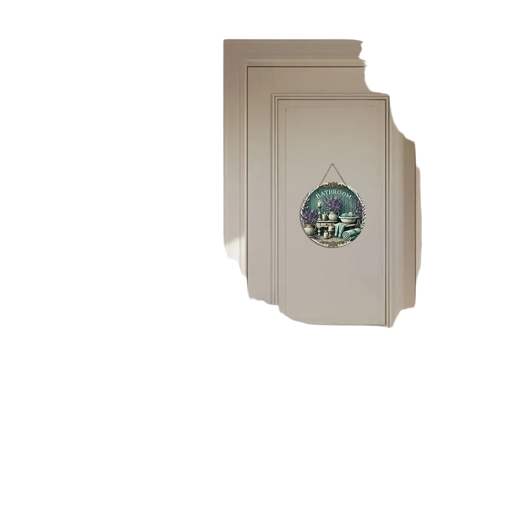 A circular wooden bathroom wall sign wreath with vintage lavender decor and green bathroom lettering hanging decor