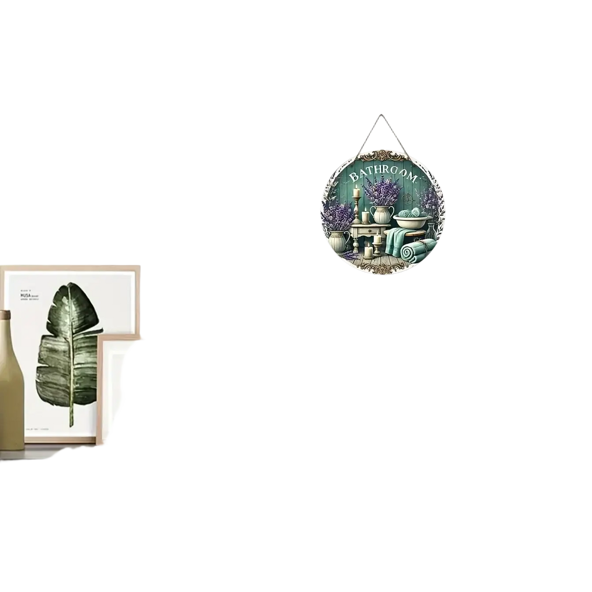 Circular green and white wooden bathroom wall sign with vintage lavender plants candles and towels illustration