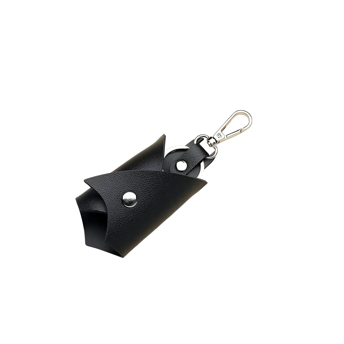 Black leather Batman keychain and card holder with silver metal clasp and rivets for secure carrying