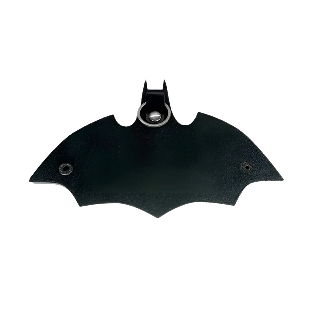 Black bat-shaped leather charm with metallic ring for Batman leather keychain and card holder accessory