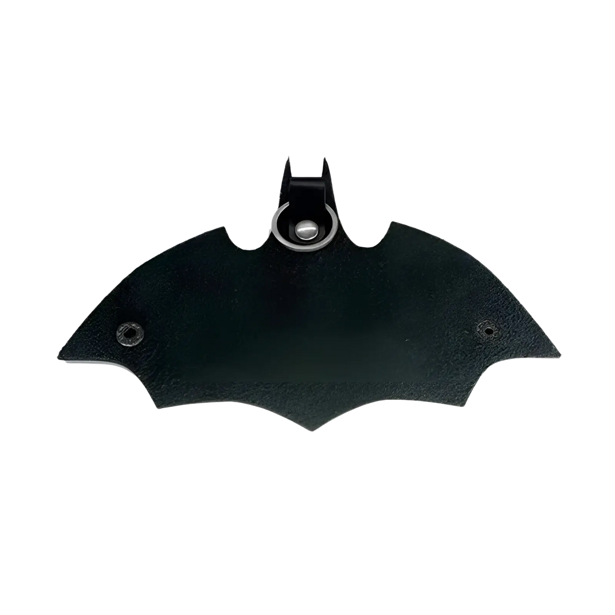 Black bat-shaped leather charm with metallic ring for Batman leather keychain and card holder accessory