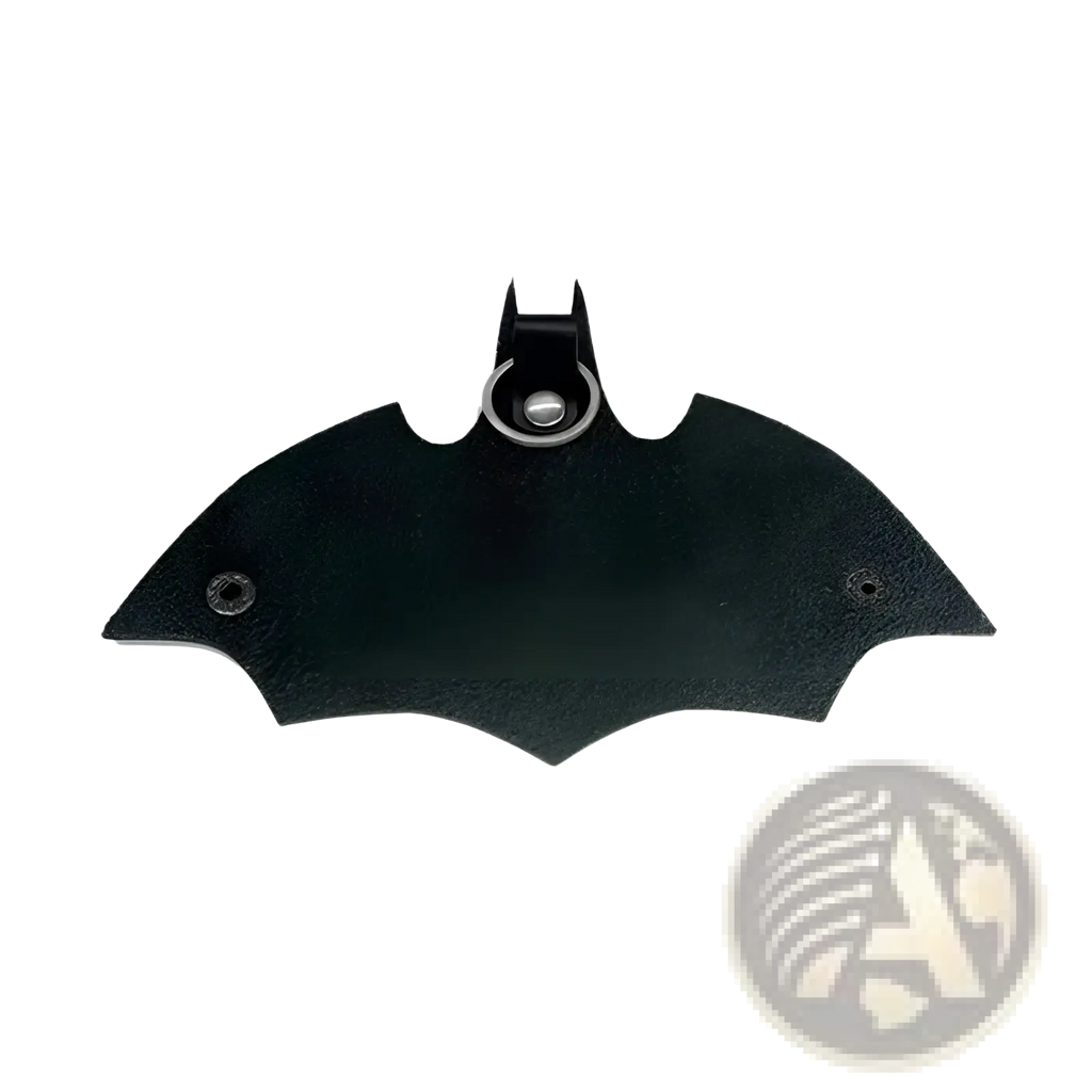 Black bat-shaped leather charm with metallic ring for Batman leather keychain and card holder accessory
