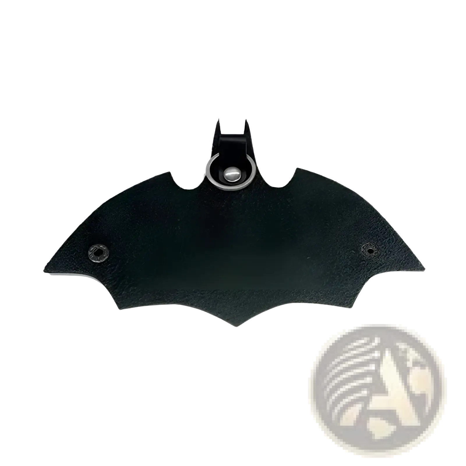 Black bat-shaped leather charm with metallic ring for Batman leather keychain and card holder accessory