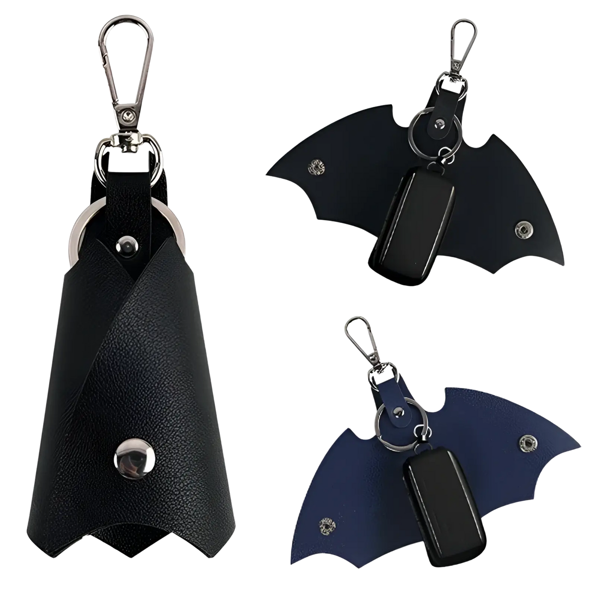 Black leather batman-shaped keychain with silver hardware and matching black leather card holder for everyday use