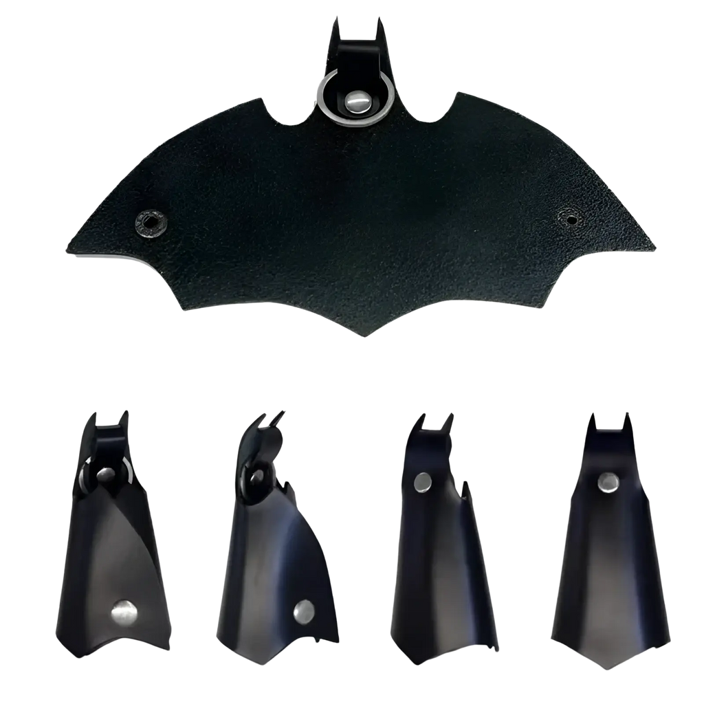 Black leather batman-shaped keychain with metallic ring and rivets for secure card holder attachment