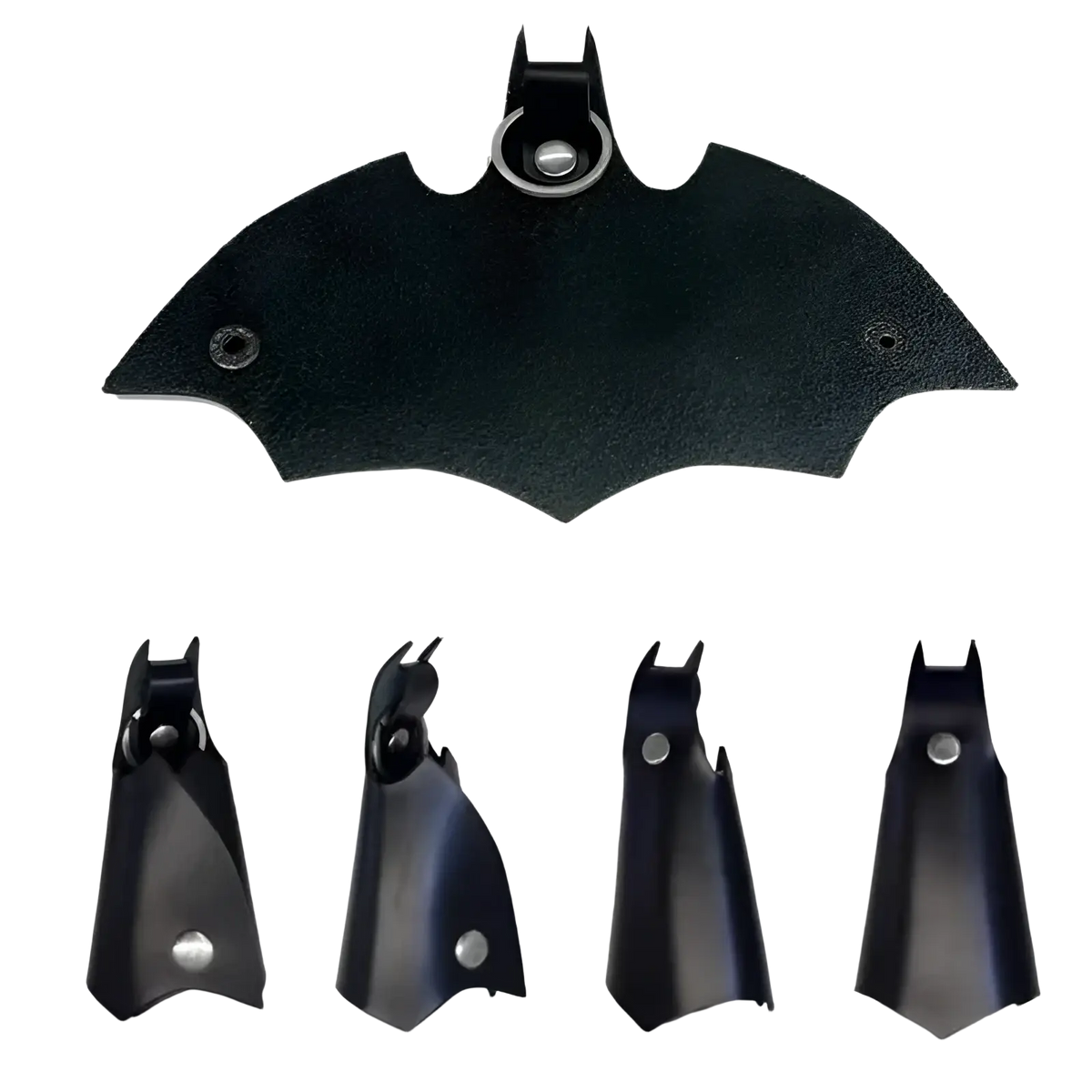 Black leather batman-shaped keychain with metallic ring and rivets for secure card holder attachment