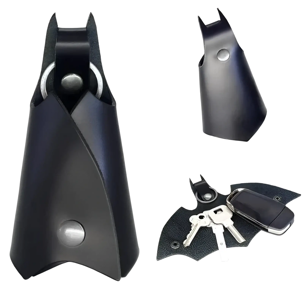 Black leather batman leather keychain and card holder with silver-toned metal ring and snap button closure