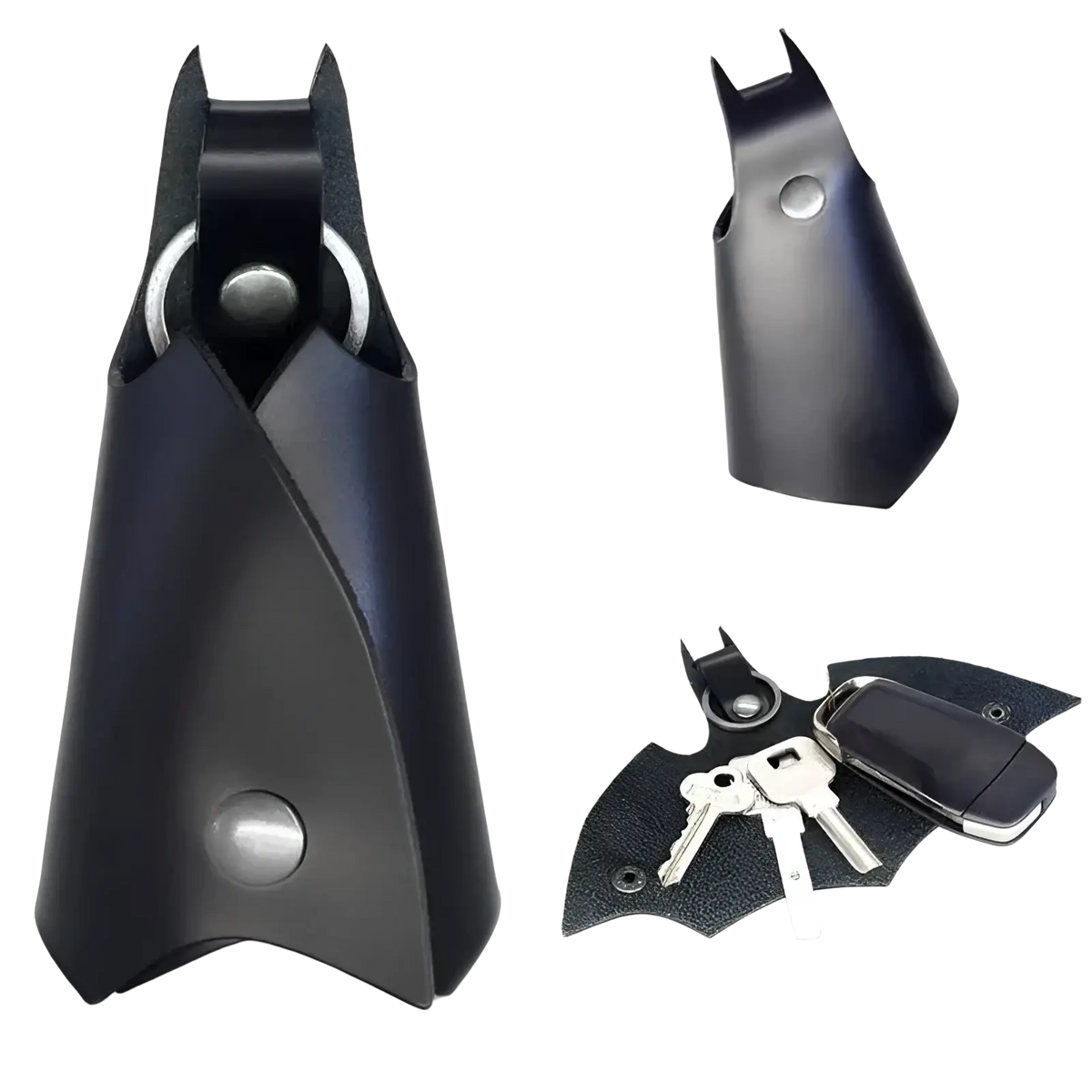 Black leather batman leather keychain and card holder with silver-toned metal ring and snap button closure