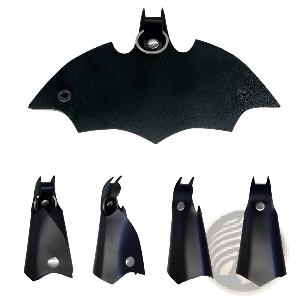 Black leather batman-shaped keychain with metallic ring and rivets for secure card holder attachment